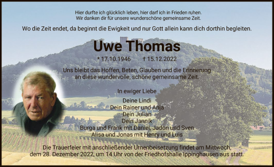 Traueranzeige von Uwe Thomas von HNA