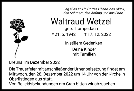 Traueranzeige von Waltraud Wetzel von HNA