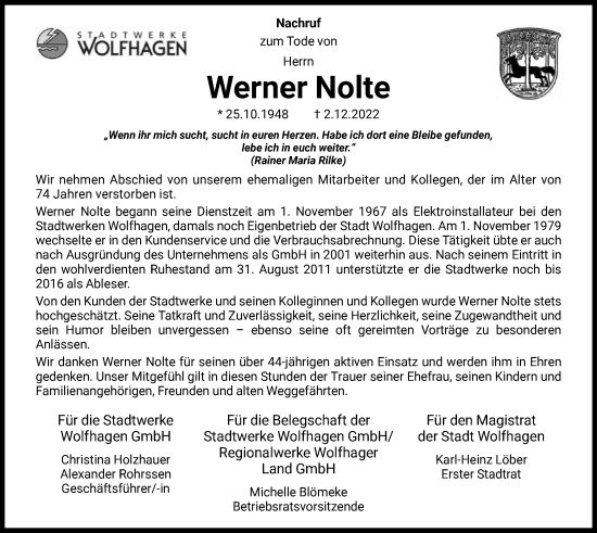 Traueranzeige von Werner Nolte von HNA