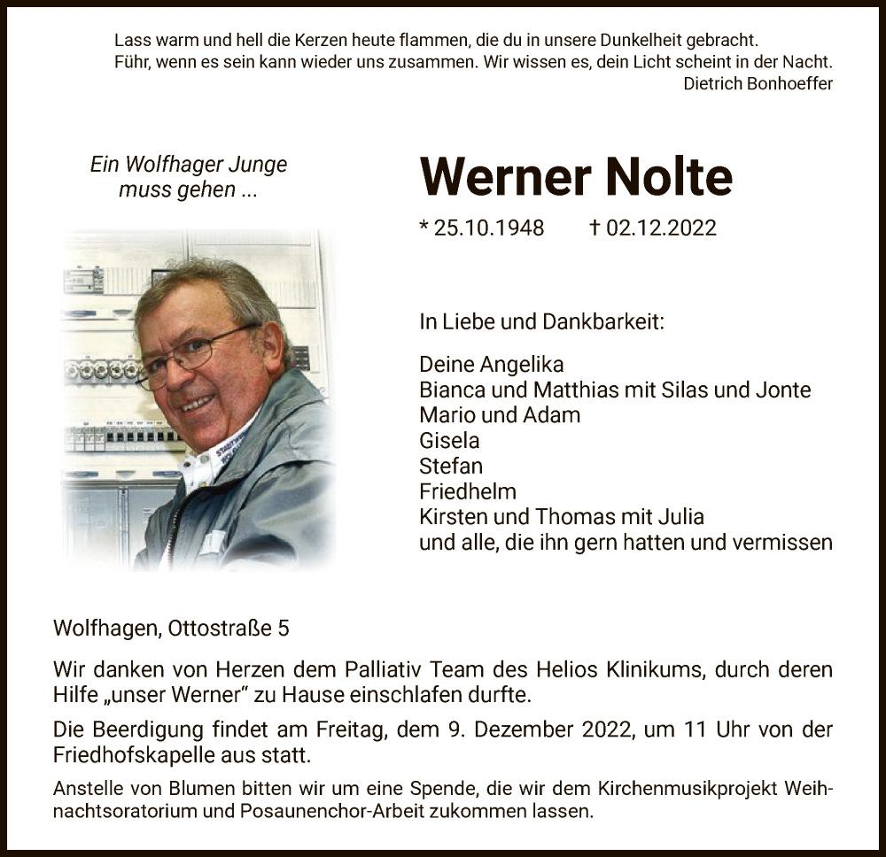  Traueranzeige für Werner Nolte vom 07.12.2022 aus HNA