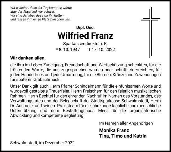 Traueranzeige von Wilfried Franz von HNA