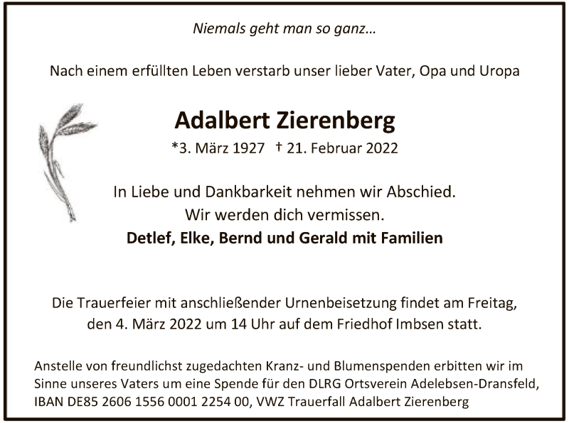  Traueranzeige für Adalbert Zierenberg vom 26.02.2022 aus HNA