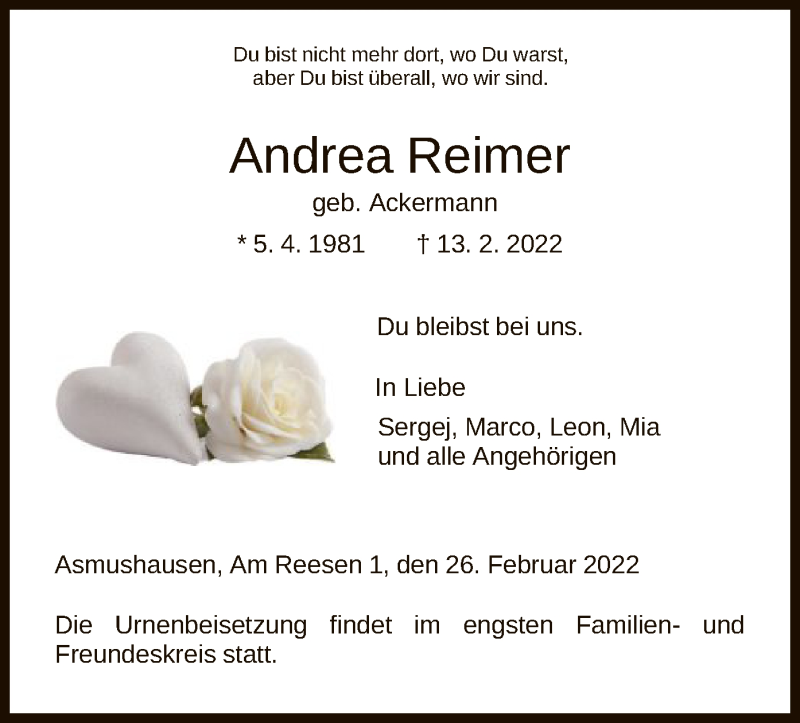  Traueranzeige für Andrea Reimer vom 26.02.2022 aus HNA