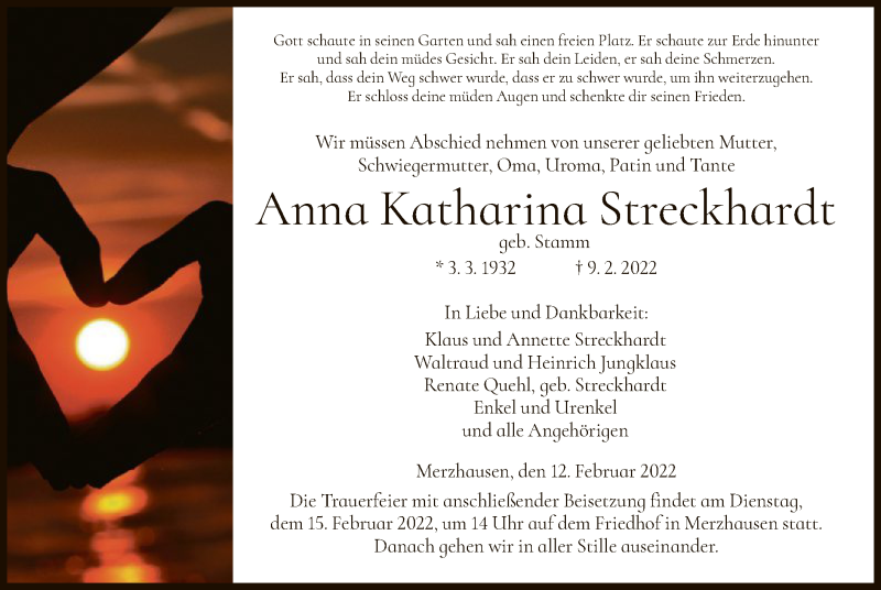  Traueranzeige für Anna Katharina Streckhardt vom 12.02.2022 aus HNA