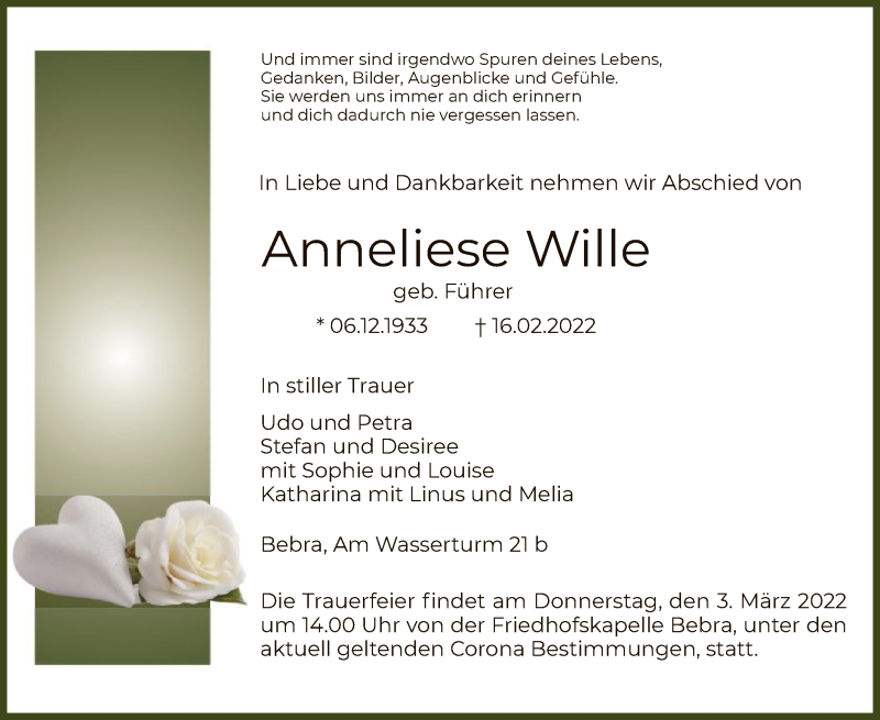  Traueranzeige für Anneliese Wille vom 26.02.2022 aus HNA