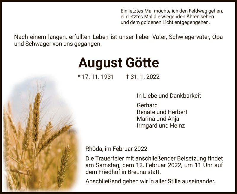  Traueranzeige für August Götte vom 10.02.2022 aus HNA