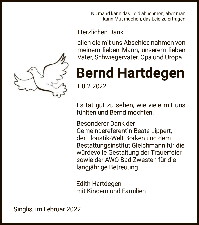  Traueranzeige für Bernd Hartdegen vom 26.02.2022 aus HNA