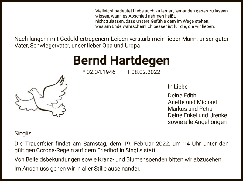  Traueranzeige für Bernd Hartdegen vom 12.02.2022 aus HNA