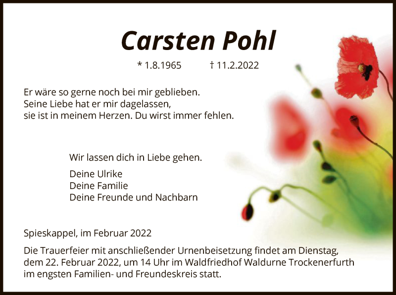  Traueranzeige für Carsten Pohl vom 19.02.2022 aus HNA