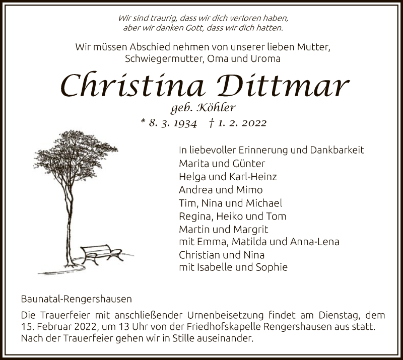  Traueranzeige für Christina Dittmar vom 12.02.2022 aus HNA