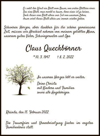 Traueranzeige von Claus Queckbörner von HNA