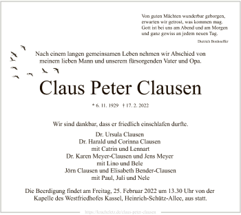 Traueranzeige von Claus Peter Clausen von HNA