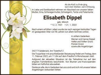 Traueranzeige von Elisabeth Dippel von HNA