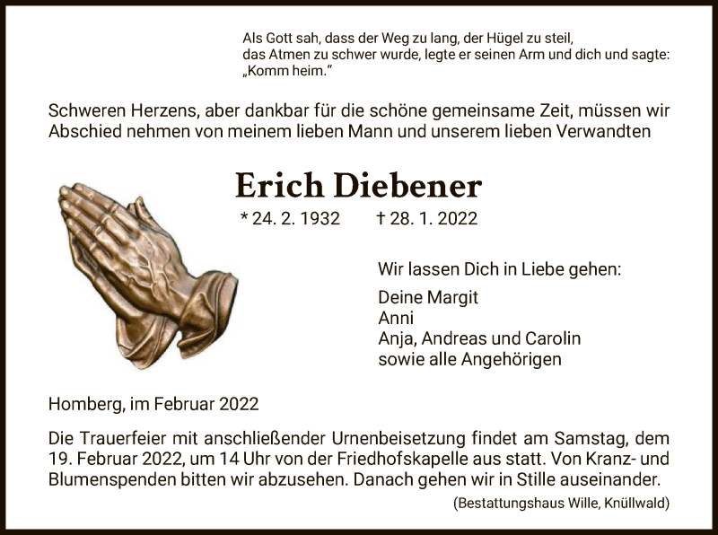  Traueranzeige für Erich Diebener vom 16.02.2022 aus HNA