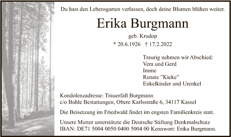  Traueranzeige für Erika Burgmann vom 26.02.2022 aus HNA