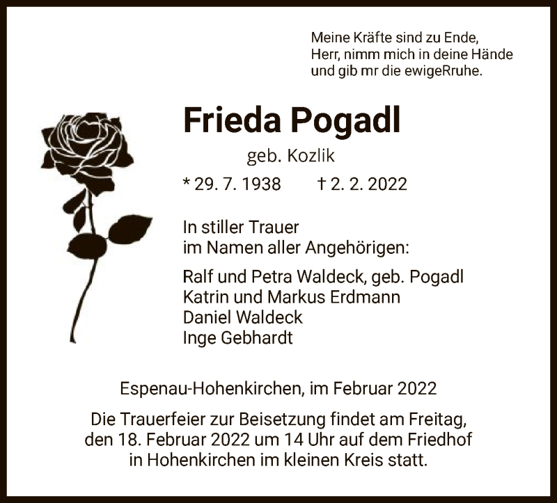  Traueranzeige für Frieda Pogadl vom 15.02.2022 aus HNA