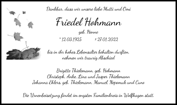Traueranzeige von Friedel Hohmann von HNA