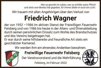 Traueranzeige von Friedrich Wagner von HNA