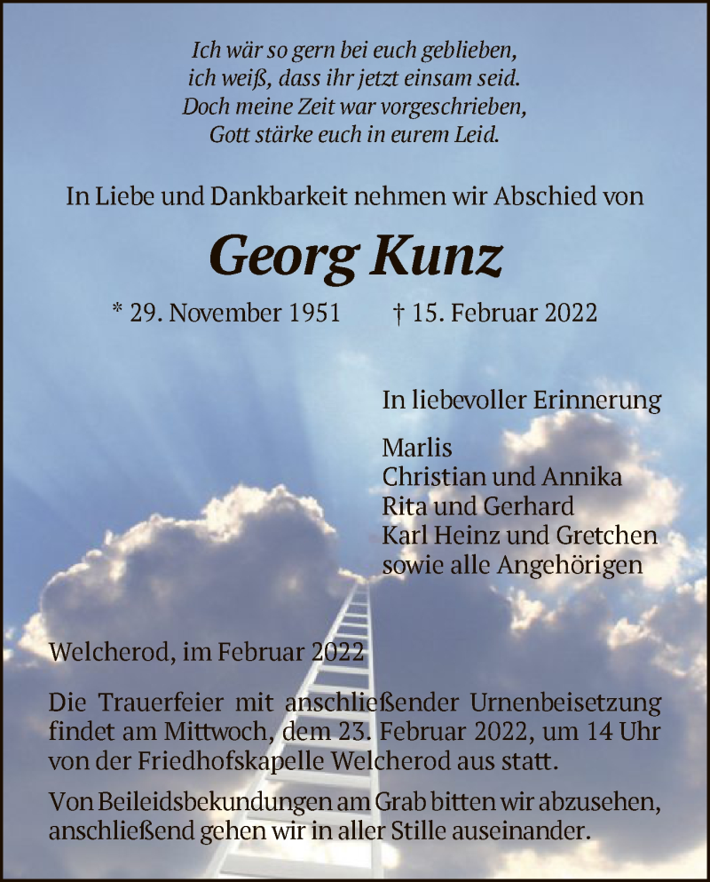  Traueranzeige für Georg Kunz vom 19.02.2022 aus HNA