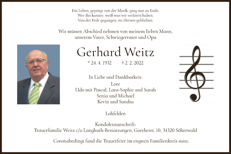  Traueranzeige für Gerhard Weitz vom 12.02.2022 aus HNA
