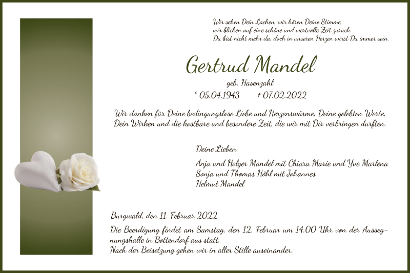  Traueranzeige für Gertrud Mandel vom 11.02.2022 aus HNA