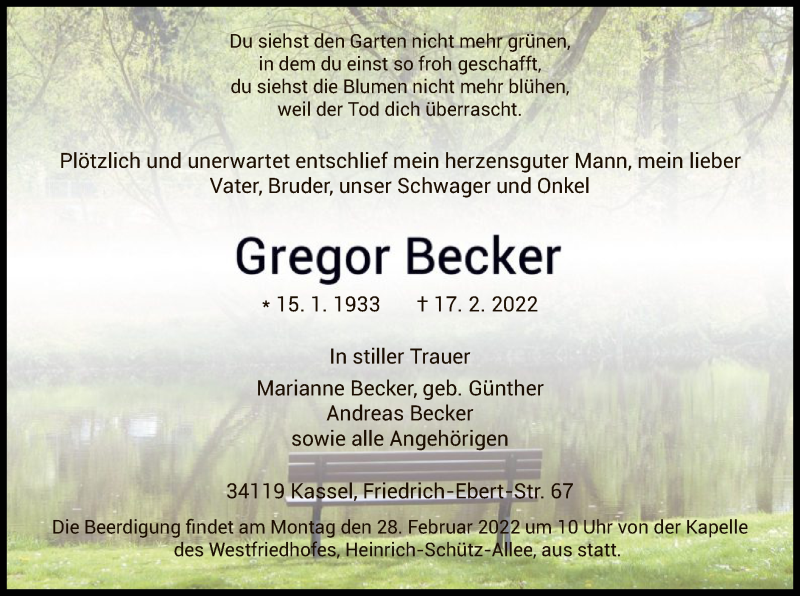  Traueranzeige für Gregor Becker vom 24.02.2022 aus HNA