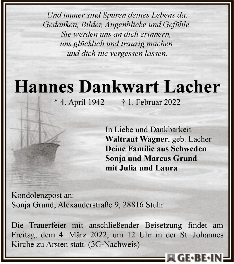  Traueranzeige für Hannes Dankwart Lacher vom 12.02.2022 aus HNA