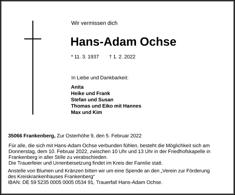 Traueranzeige für Hans-Adam Ochse vom 05.02.2022 aus HNA