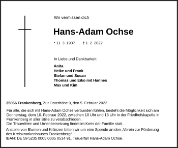 Traueranzeige von Hans-Adam Ochse von HNA