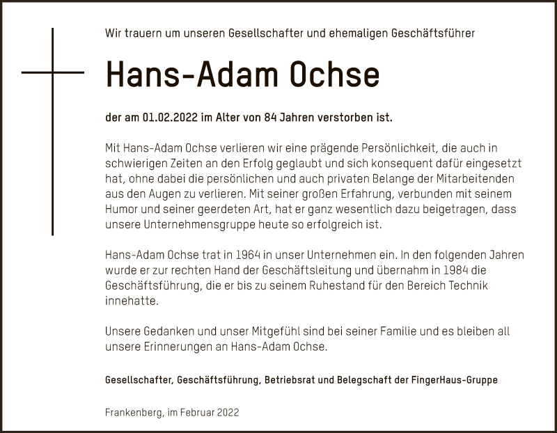  Traueranzeige für Hans-Adam Ochse vom 07.02.2022 aus HNA