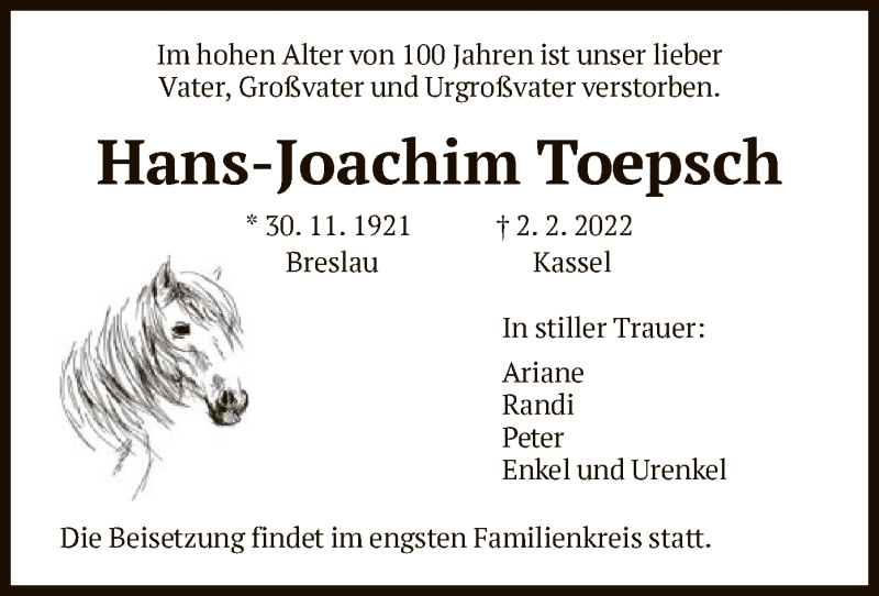  Traueranzeige für Hans-Joachim Toepsch vom 12.02.2022 aus HNA