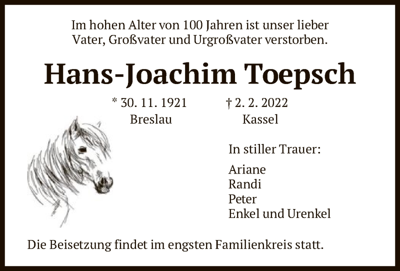  Traueranzeige für Hans-Joachim Toepsch vom 19.02.2022 aus HNA