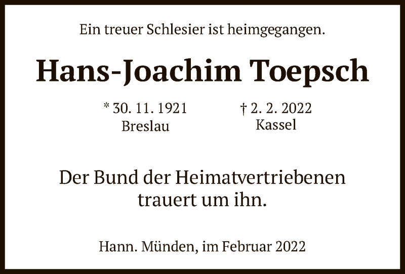  Traueranzeige für Hans-Joachim Toepsch vom 26.02.2022 aus HNA