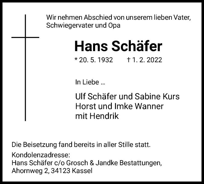  Traueranzeige für Hans Schäfer vom 12.02.2022 aus HNA