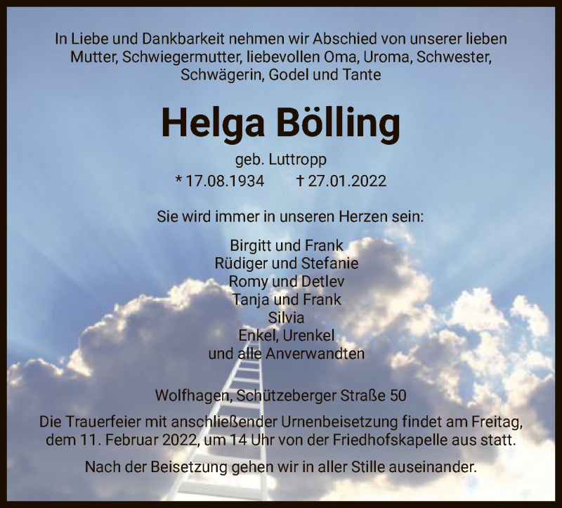  Traueranzeige für Helga Bölling vom 05.02.2022 aus HNA