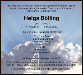 Traueranzeige von Helga Bölling von HNA