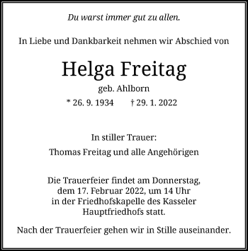 Traueranzeige von Helga Freitag von HNA