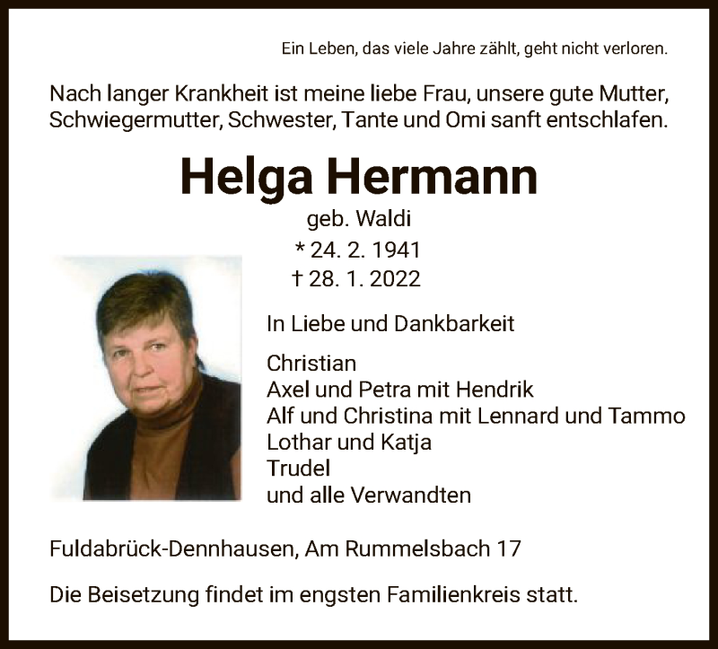  Traueranzeige für Helga Hermann vom 12.02.2022 aus HNA