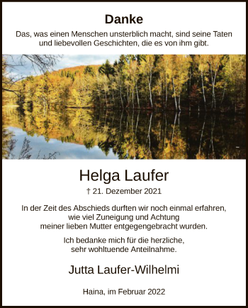 Traueranzeige von Helga Laufer von HNA