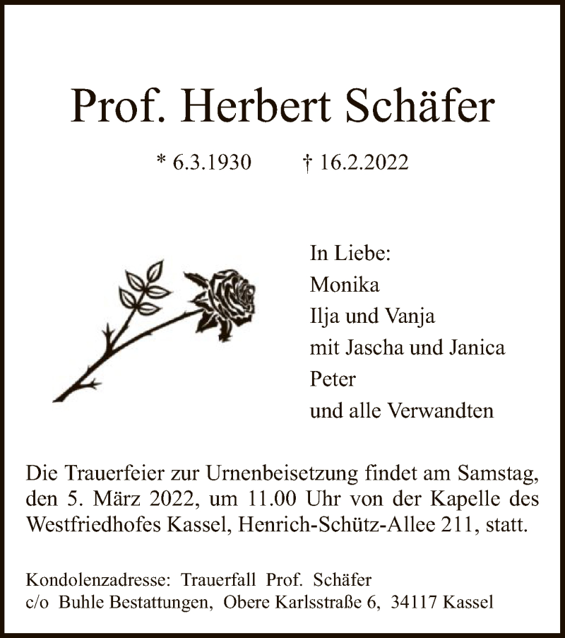  Traueranzeige für Herbert Schäfer vom 26.02.2022 aus HNA