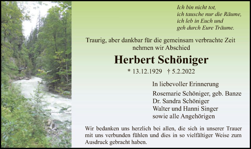  Traueranzeige für Herbert Schöniger vom 26.02.2022 aus HNA
