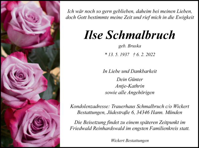  Traueranzeige für Ilse Schmalbruch vom 12.02.2022 aus HNA