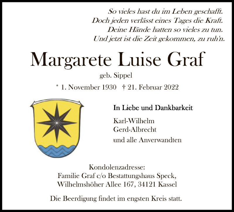  Traueranzeige für Margarete Luise Graf vom 26.02.2022 aus HNA