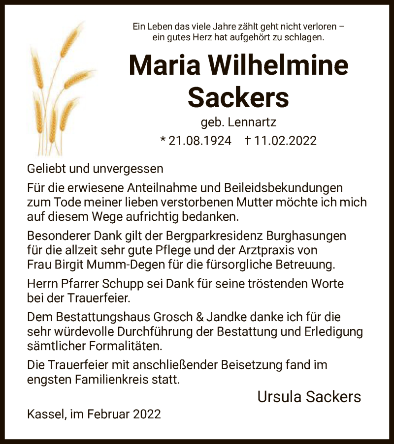  Traueranzeige für Maria Wilhelmine Sackers vom 26.02.2022 aus HNA