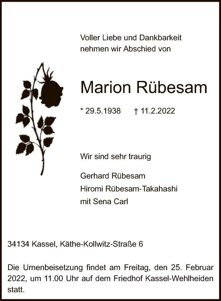  Traueranzeige für Marion Rübesam vom 19.02.2022 aus HNA