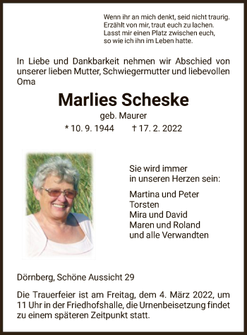 Traueranzeige von Marlies Scheske von HNA