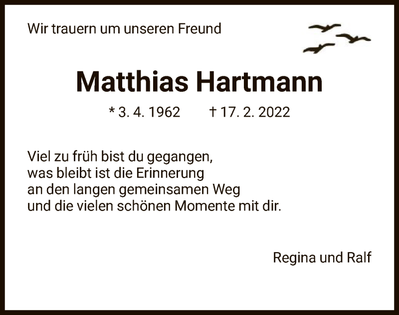  Traueranzeige für Matthias Hartmann vom 26.02.2022 aus HNA