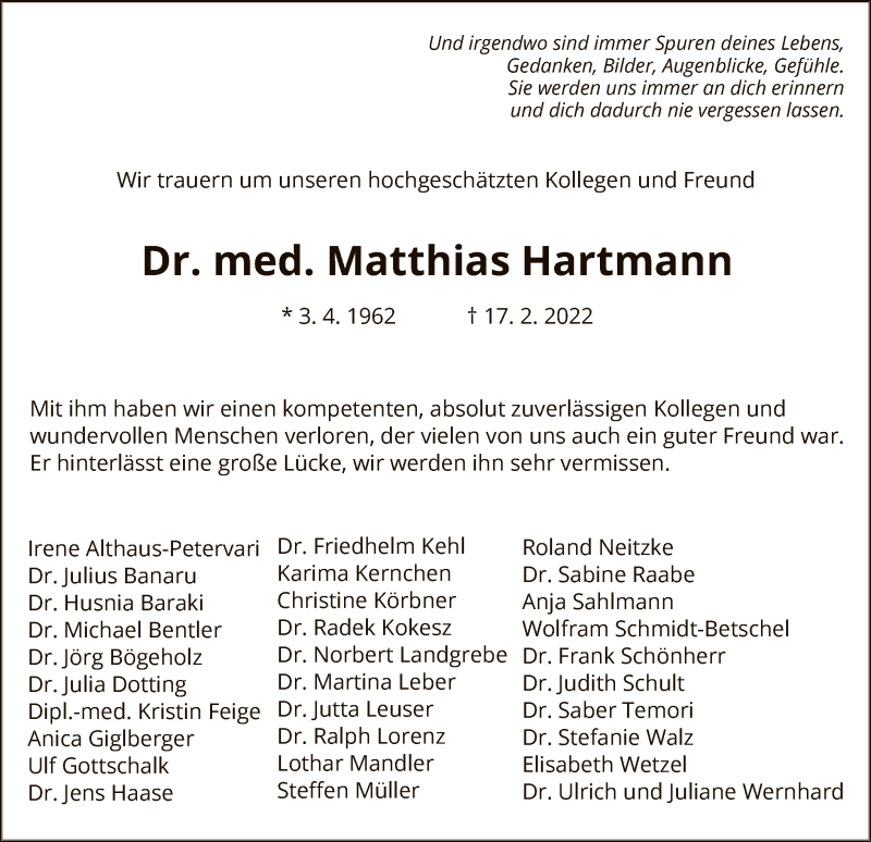  Traueranzeige für Matthias Hartmann vom 26.02.2022 aus HNA