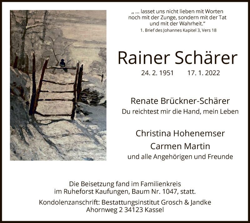  Traueranzeige für Rainer Schärer vom 12.02.2022 aus HNA