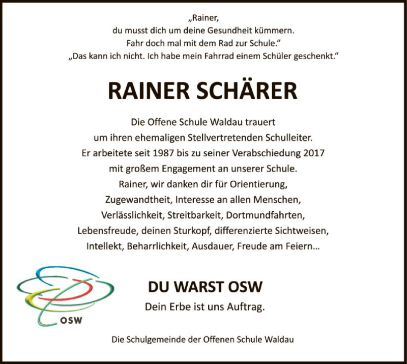  Traueranzeige für Rainer Schärer vom 12.02.2022 aus HNA
